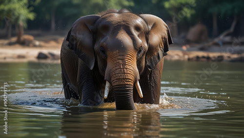 elephants in the river in the morning