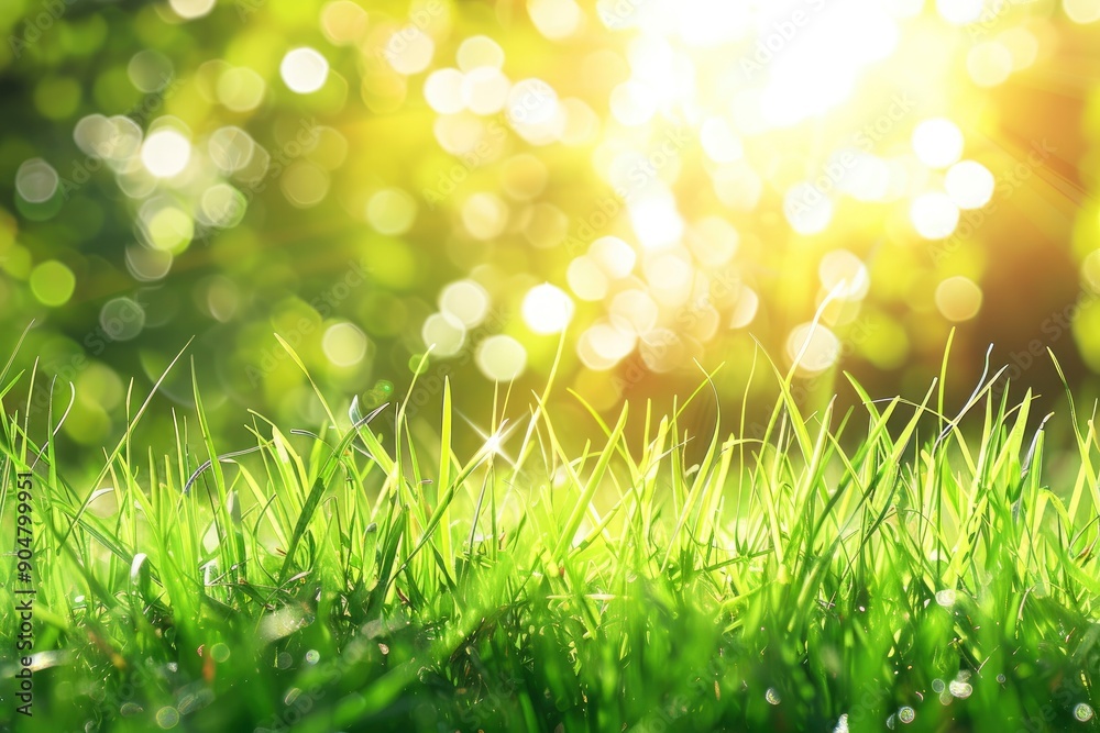 Obraz premium natural grass background with blurred bokeh and sun with generative ai