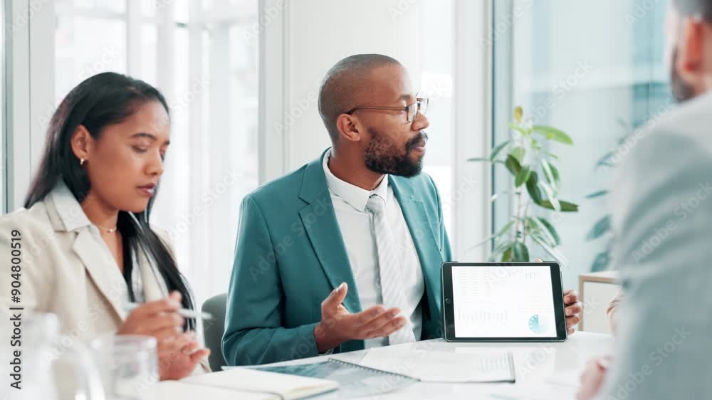 Group of people, tablet and office with collaboration, meeting and project for data analyst in tech company. Team, discussion and development for workshop, analytics or presentation for brainstorming