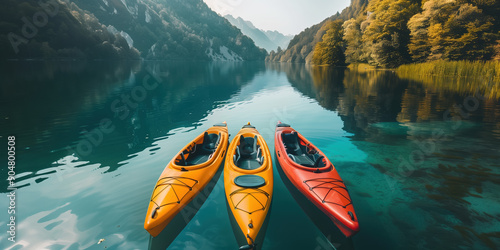 Serene Kayaks Floating on a Crystal Clear Lake: A Unique Sports Concept Image photo