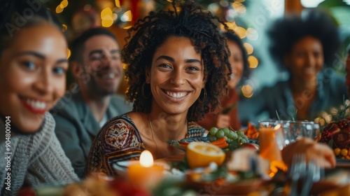 Portrait of a Diverse Group of Relatives and Friends Sitting Together Behind a Dining Table with Tasty Meals and Festive Decorations. Guests Telling Funny Stories, Creating a Joyful, Generative AI