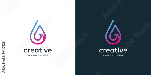 Best  Gradient Color  Water  Wave Drop Vector Logo Design. Eco Bright Natural Energy Minimalist Water Drop with line template
