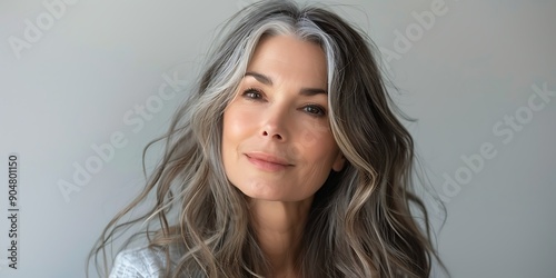 Beautiful gorgeous mid aged woman looking at camera isolated on gray white. Mature old lady close up portrait.