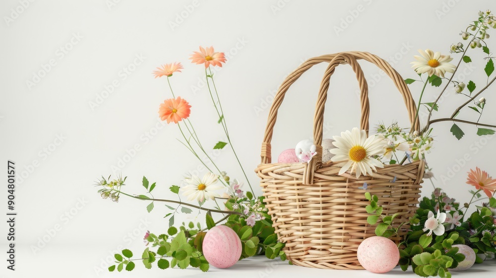 Easter themed product mockup with wicker basket and flowers on white background for marketing and social media Easter themed product mockup with wicker basket and flowers on white background for marketing and social media