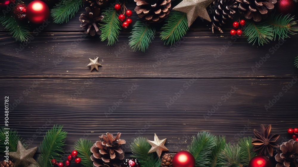 Christmas decoration frame on wooden background, fir tree branch, red and blue baubles Christmas decoration frame on wooden background, fir tree branch, red and blue baubles