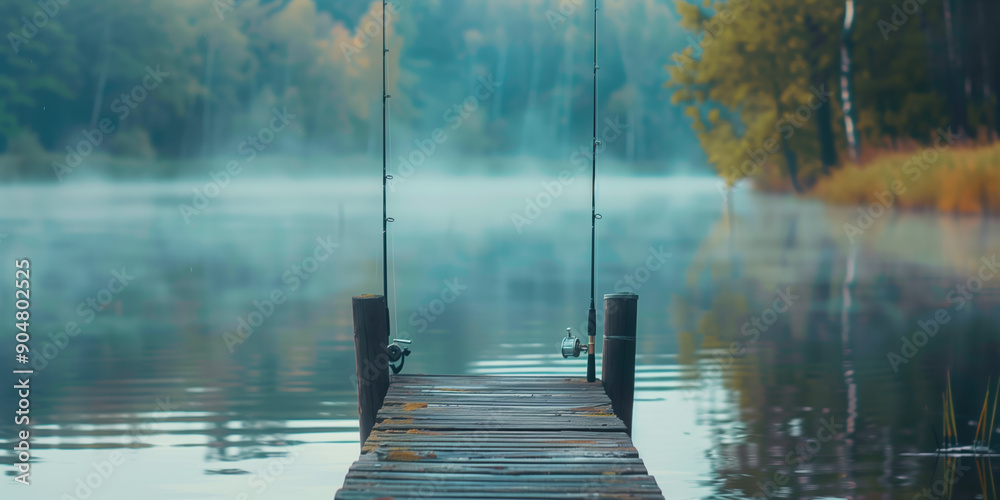 Obraz premium Sporting Life: Fishing Rods Arranged on a Lakeside Dock with a Peaceful Lake View