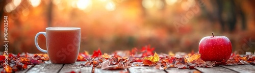 Warm beverages like spiced apple cider and hot chocolate enjoyed outdoors with a backdrop of colorful fall foliage photo