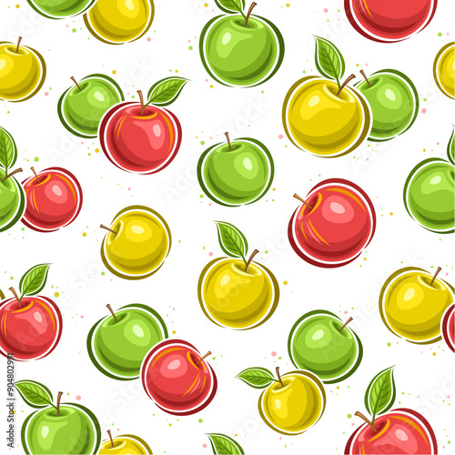 Vector Colorful Apple seamless pattern, repeating background with flying cartoon multi colored apples for wrapping paper, square placard with flat lay apple fruits on white background for home decor