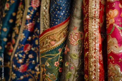 Array of vibrant Indian saris displayed in a shop, Exquisite Indian textiles and attire adorned with shimmering embellishments