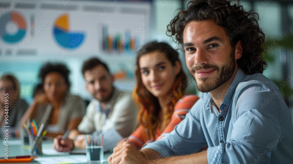 A group of diverse team members sitting together in a business meeting, with charts and graphs in the background, representing collaboration and teamwork. A group of diverse team members sitting together in a business meeting, with charts and graphs in the background, representing collaboration and teamwork.