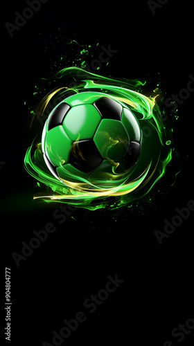 Green football ball on black background. Sport motion