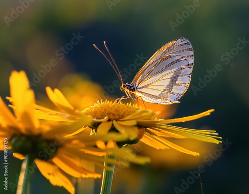  A delicate nemoptera bipennis, or thread-winged lacewing, perched gracefully on vibrant yellow flower photo