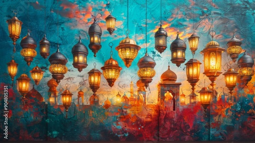 Glowing Lanterns Against a Vibrant, Abstract Background