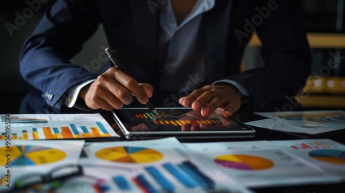 Businessman Analyzing Data on Tablet, Graphs, Charts, Business, Technology, Financial Analysis, Strategy