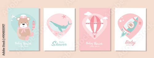 Set of baby shower invitations cards,poster,greeting,template,bear,Vector illustrations.