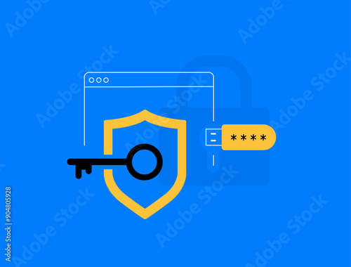 Passwordless Authentication uses security usb-keys for login, enhancing security by eliminating passwords. Secure Password-Free Login with Fido USB Passkey and Hardware Token. Vector Illustration