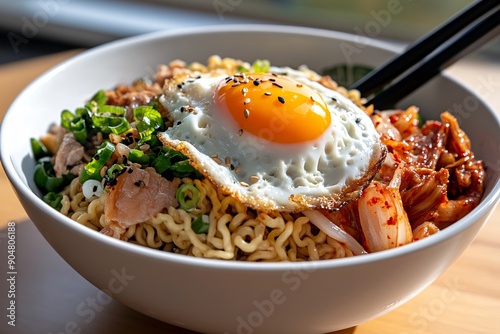 13. A bowl of instant noodles with a fried egg on top, served with a side of kimchi, in a sunlit kitchen photo