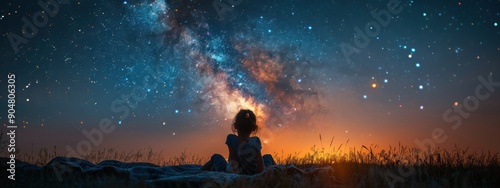 Stargazing: A person lying on a blanket at night, gazing up at the stars in a clear sky with a sense of wonder and curiosity.