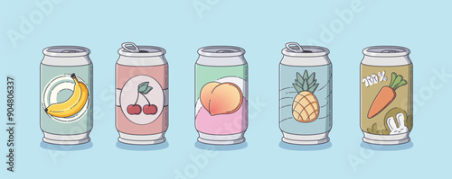 Cute cartoon tin can with fruit, berry and vegetable fizzy soda or juice. Vector set of closed and open aluminum jar with banana and cherry, peach and pineapple, carrot flavor carbonated drink.