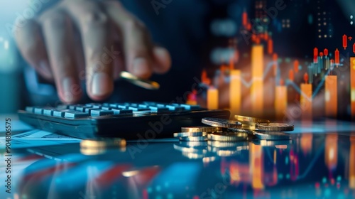 Close-up Hand Placing Coin on Calculator with Blurred Stock Market Chart in Background, finance, investment, trading, market