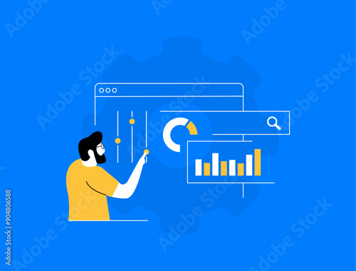 Search Engine Optimization - SEO digital marketing. Business finance investment planning strategy. Seo web report dashboard monitor. Modern outline linear illustration isolated on blue background