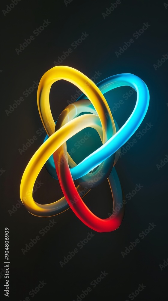 3 glowing lines: red mustard yellow and light blue intertwining, the light blue one is the spotlight and bigger, glowing in the dark, cinematic lighting, black background 3 glowing lines: red mustard yellow and light blue intertwining, the light blue one is the spotlight and bigger, glowing in the dark, cinematic lighting, black background