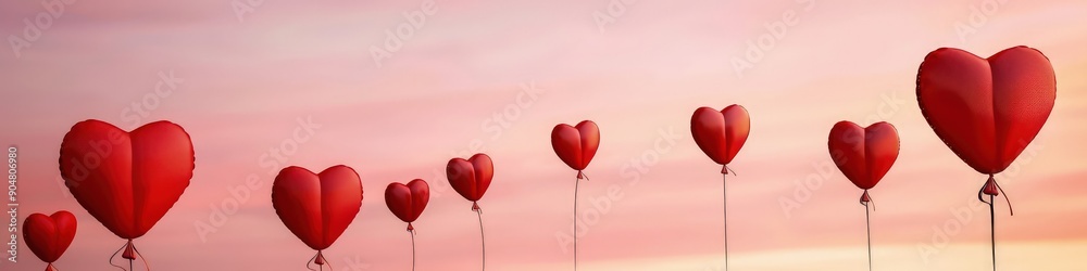 A romantic panorama of red hearts rising like balloons against a dusky pink sky, suggesting a sense of uplift and joy for Valentine's Day A romantic panorama of red hearts rising like balloons against a dusky pink sky, suggesting a sense of uplift and joy for Valentine's Day