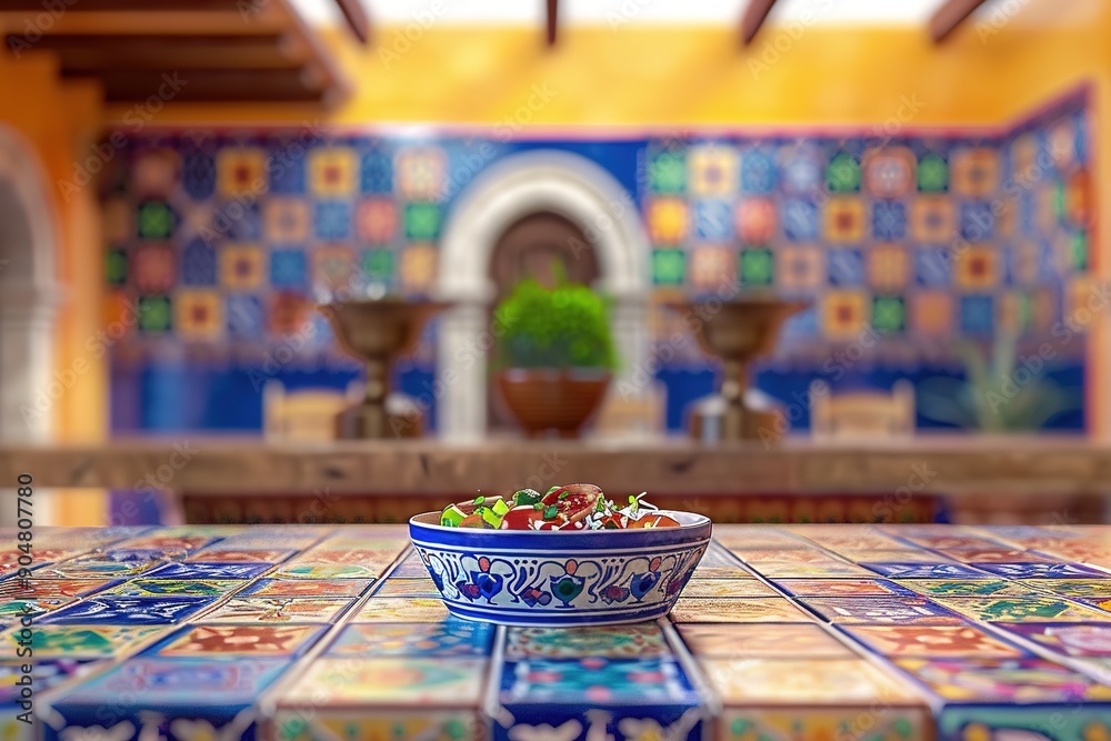 Naklejka premium Colorful Mexican Talavera tiles with traditional bowl in courtya
