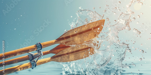 Creative Rowing Scene: Oars Plunging into Transparent Water in a Sports Setting photo