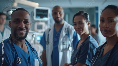 Diverse team of doctors and nurses posing cheerfully in a bright medical environment