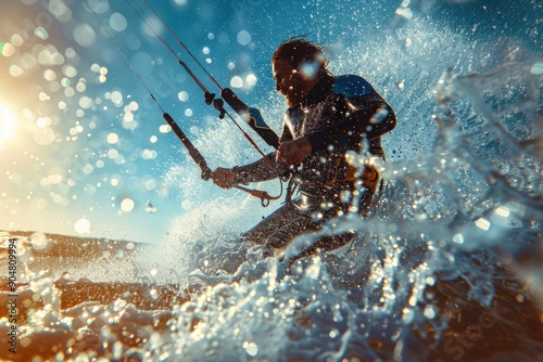 Kitesurfer riding a wave in the ocean at sunset. Concept of extreme sports, adventure, and freedom.
