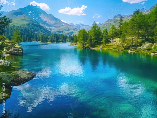 Lake surrounded by forest and mountains