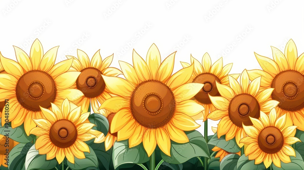 Fototapeta premium Delightful scene of vibrant sunflowers against a clean white background, radiating joy and warmth in every petal.