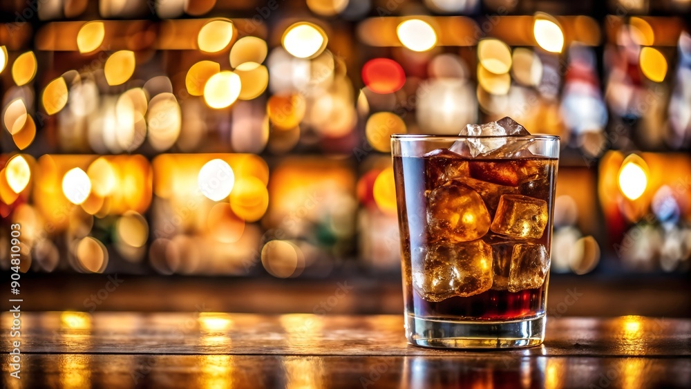 whiskey cola with ice on the bar counter whiskey cola with ice on the bar counter