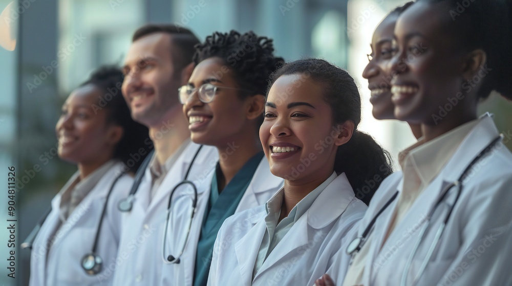 Group of multicultural healthcare workers standing together, all wearing lab coats and smiling. Group of multicultural healthcare workers standing together, all wearing lab coats and smiling.