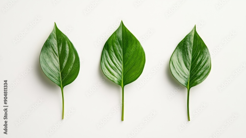 Fototapeta premium flat lay composition of three vibrant green leaves on white background