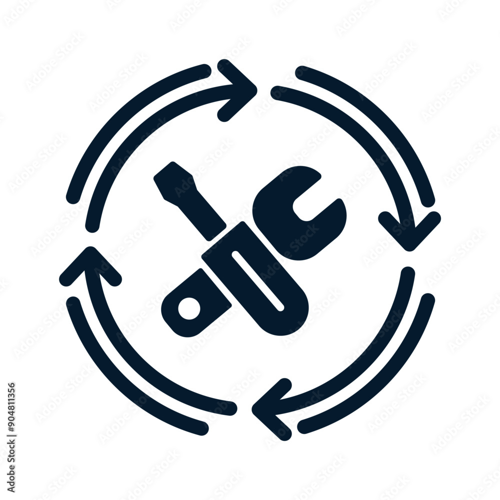 Screwdriver, wrench, arrow in a circle. Vector linear icon isolated on white background. Screwdriver, wrench, arrow in a circle. Vector linear icon isolated on white background.