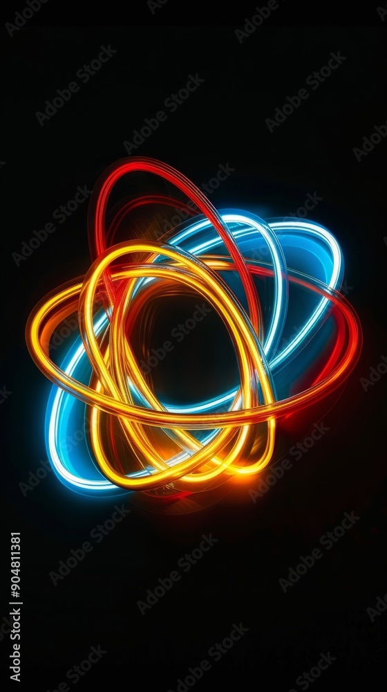 3 glowing lines: red mustard yellow and light blue intertwining, the light blue one is the spotlight and bigger, glowing in the dark, cinematic lighting, black background 3 glowing lines: red mustard yellow and light blue intertwining, the light blue one is the spotlight and bigger, glowing in the dark, cinematic lighting, black background