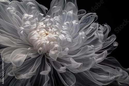 close-up of a blooming white and yellow flower with delicate petals and soft lighting creating an ethereal and dreamy effect on black background