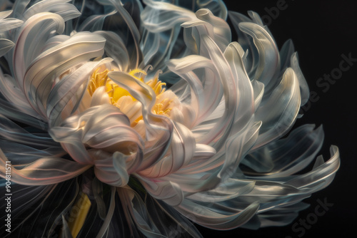 close-up of a blooming white and yellow flower with delicate petals and soft lighting creating an ethereal and dreamy effect on black background