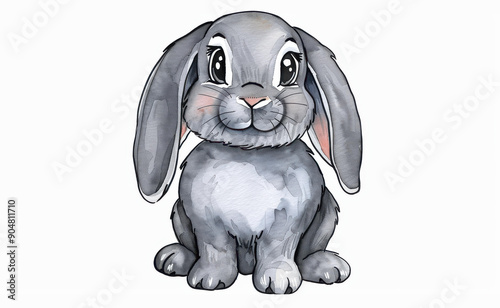 A cute gray bunny in a soft watercolor style, perfect for a charming greeting card to brighten anyones day. photo