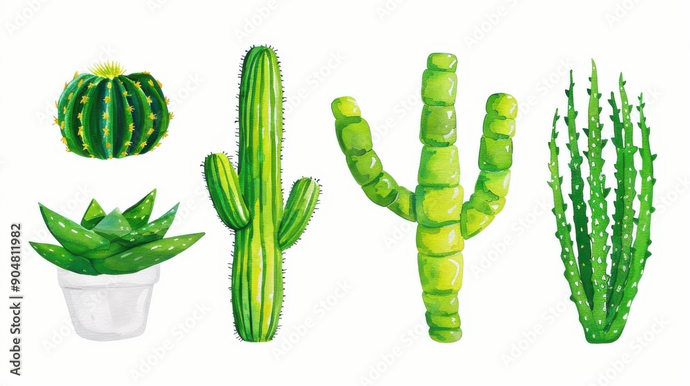 A vibrant green cactus set featuring saguaro and aloe vera, beautifully illustrated in watercolour on a white backdrop. A vibrant green cactus set featuring saguaro and aloe vera, beautifully illustrated in watercolour on a white backdrop.
