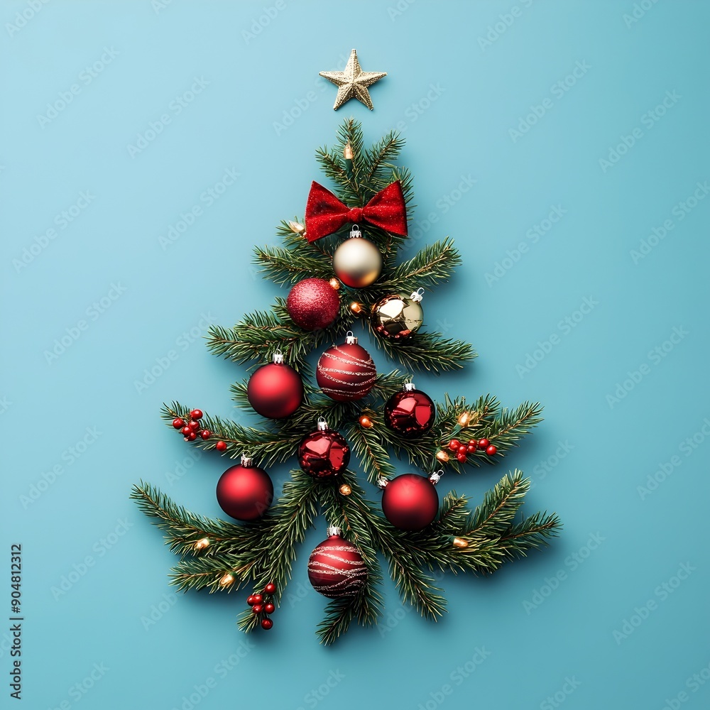Fototapeta premium Creative Christmas Fir Tree on Blue Background Top View for New Year Greeting Card