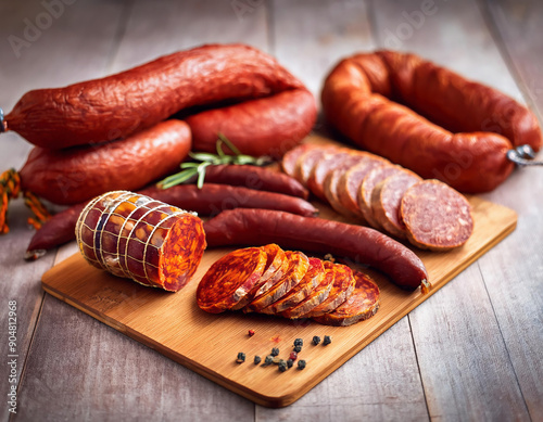 selection of traditional spanish cured smoked sausages on a cutting board on a wooden background