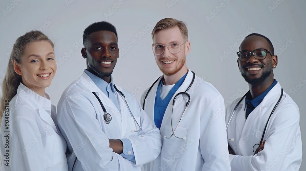 Happy healthcare professionals, including a nurse practitioner and a lab technician, posing together with a transparent background.