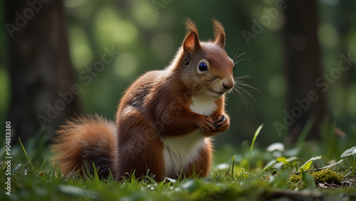 squirrel eating nuts in the middle of the forest in the morning
