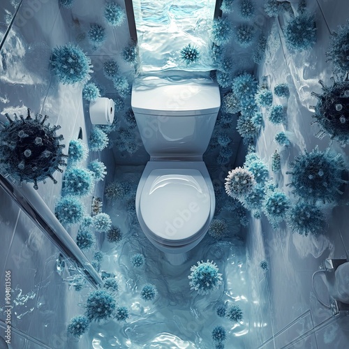 A Toilet Surrounded by Viruses in a Bathroom photo