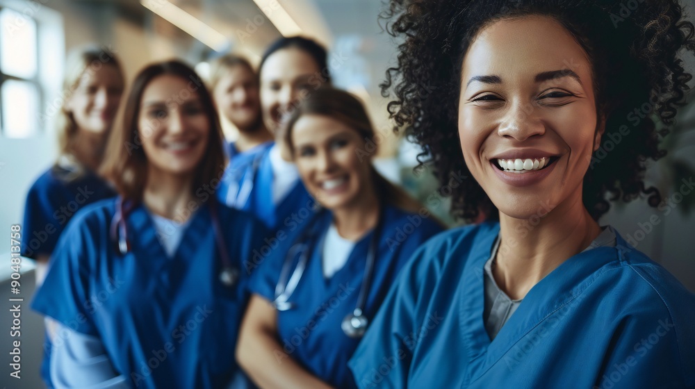 Happy healthcare team, including both men and women, posing together in a hospital Happy healthcare team, including both men and women, posing together in a hospital