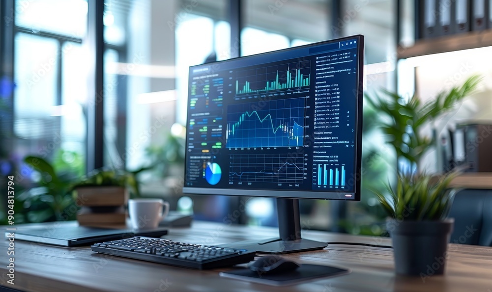 Desktop Computer Monitor with Finance Statistical Data Software and Progressive User Interface Standing on the Desk in the Modern Business Office. In the Background Glass Wal, Generative AI Desktop Computer Monitor with Finance Statistical Data Software and Progressive User Interface Standing on the Desk in the Modern Business Office. In the Background Glass Wal, Generative AI