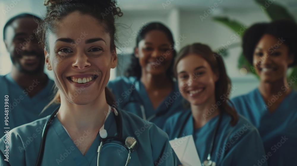 Happy healthcare workers, including men and women of different ethnicities, posing together Happy healthcare workers, including men and women of different ethnicities, posing together